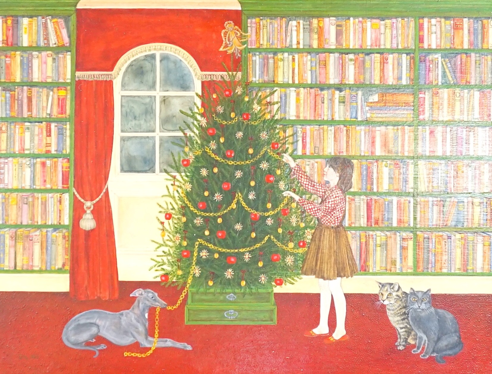 Modern British, oil on board, 'Dressing the Christmas Tree', initialled DTG and dated 1983, 19 x 24.5cm
